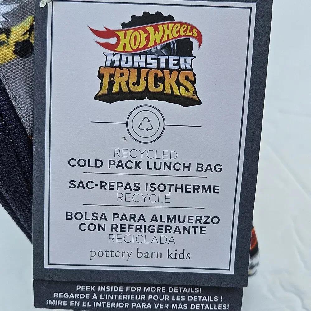 Pottery Barn Kids Cold Pack Lunch Bag Hot Wheels Monster Trucks New